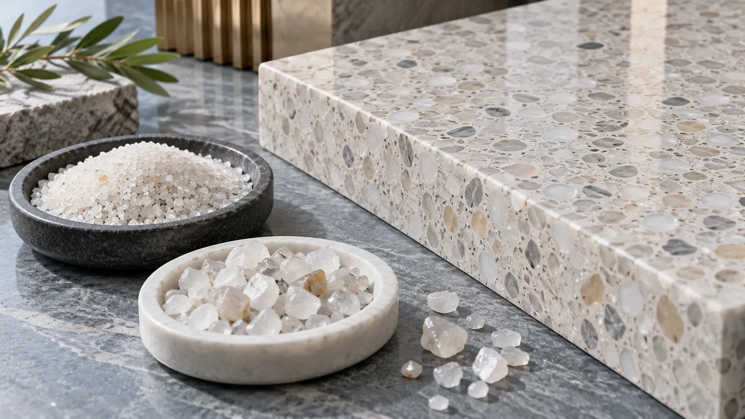 Finished terrazzo surface comparison using graded natural quartz sand