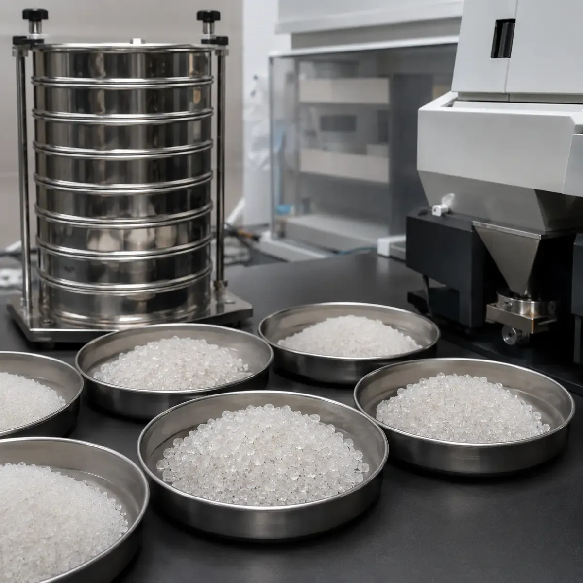 Fused silica grade and particle-size quality control for process material selection
