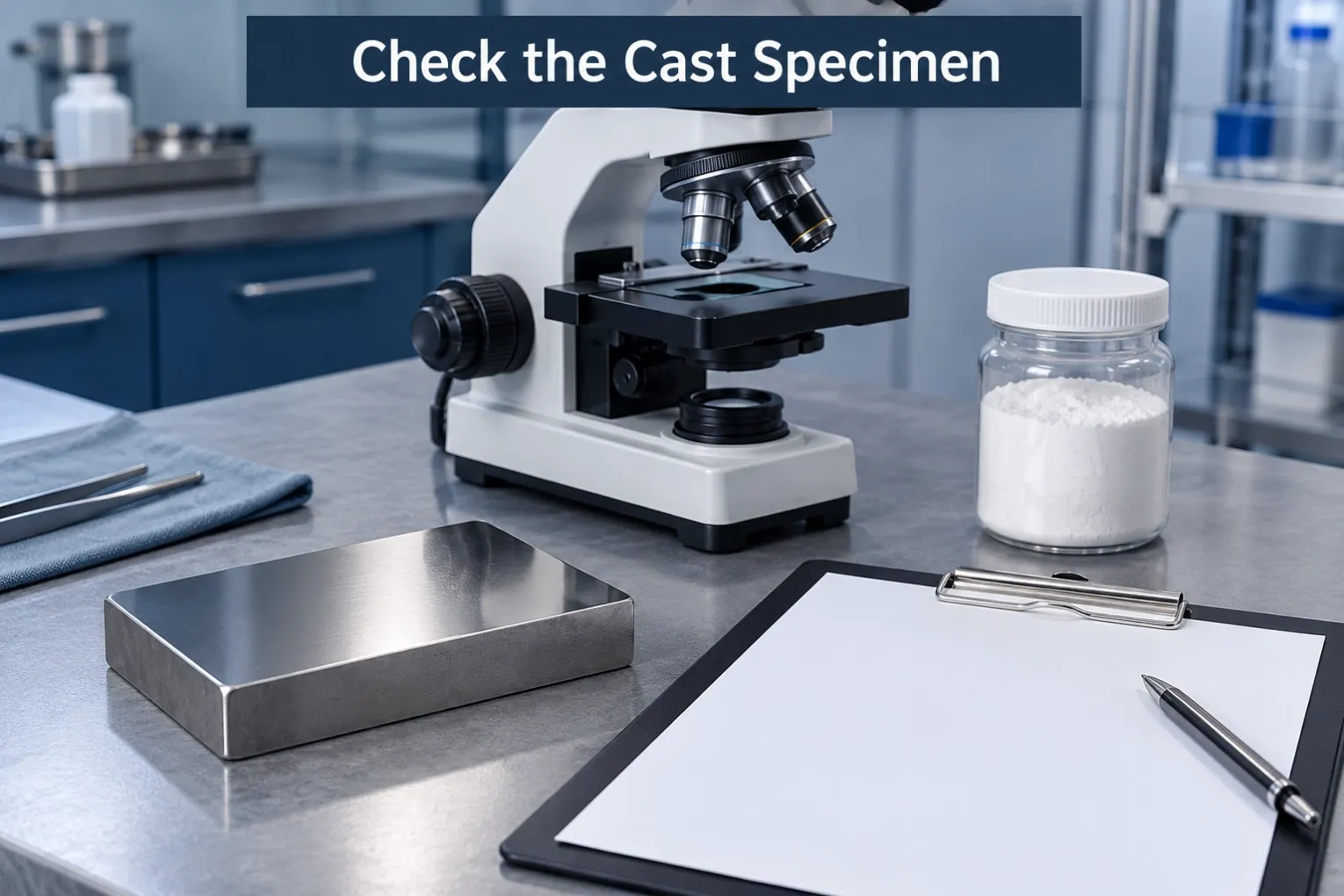 Check the Cast Specimen Epoxy test coupon beside a microscope and a sealed mineral sample