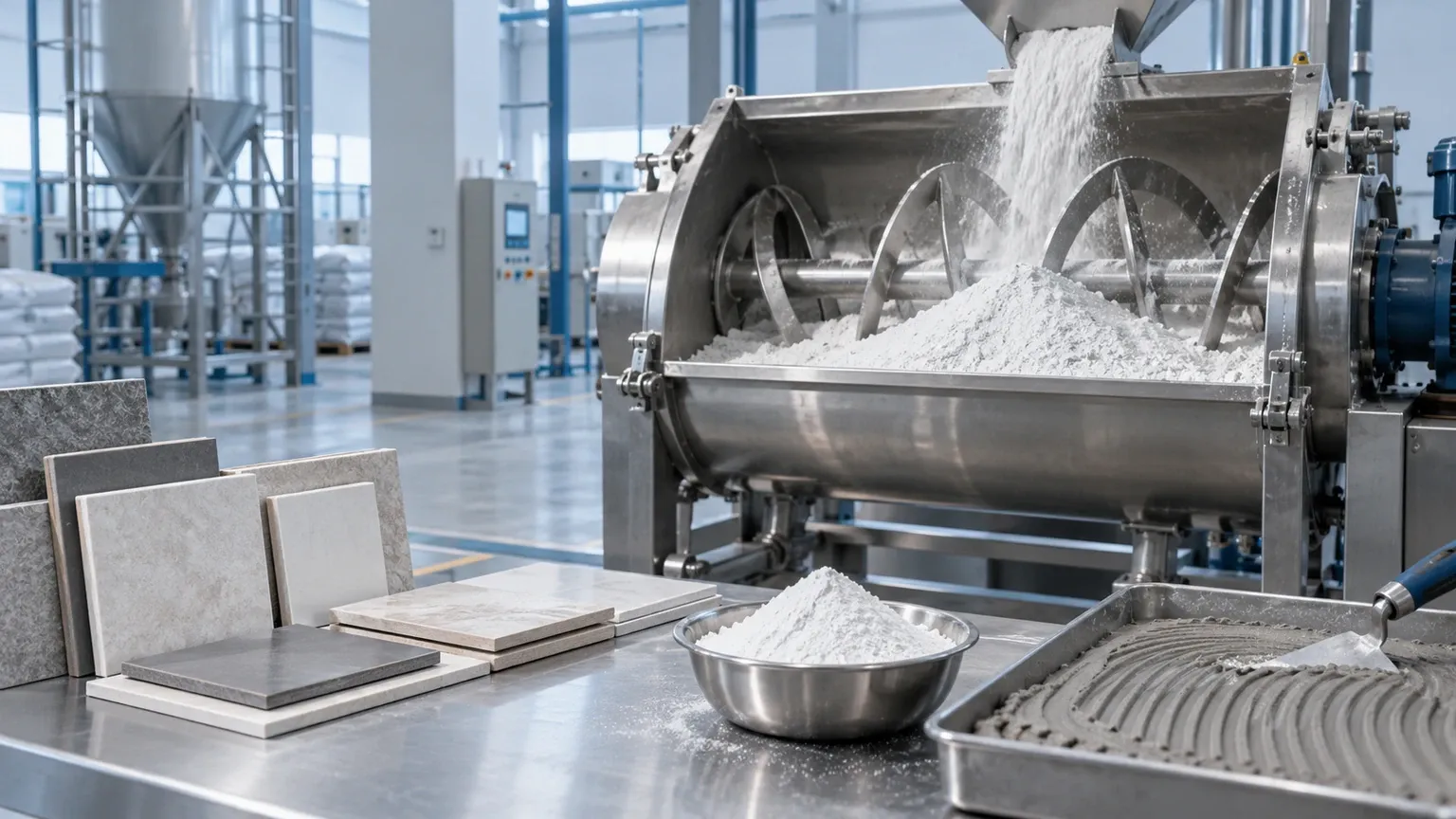 Crystalline silica powder in a tile adhesive dry mix production line