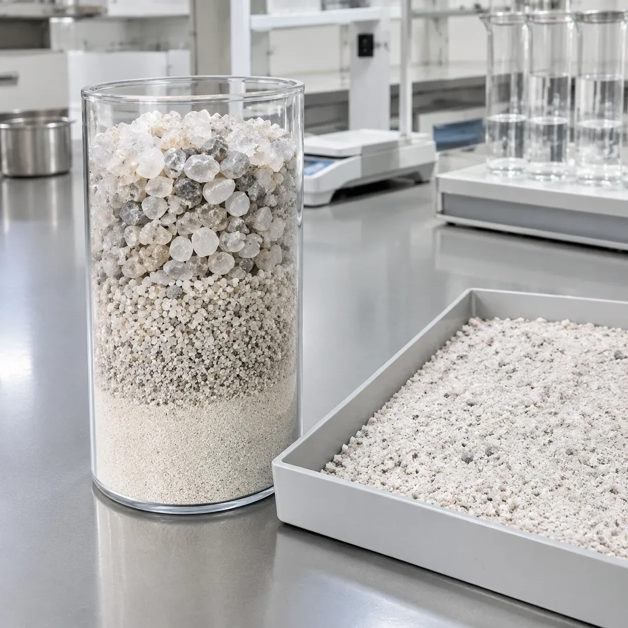 Layered quartz aggregate fractions demonstrating mineral packing for engineered stone slab trials