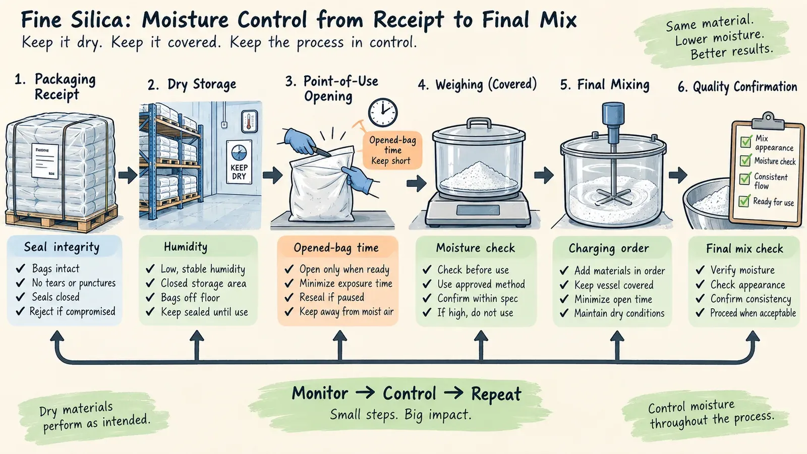 Fine silica moisture pickup control from packaging to final mixing