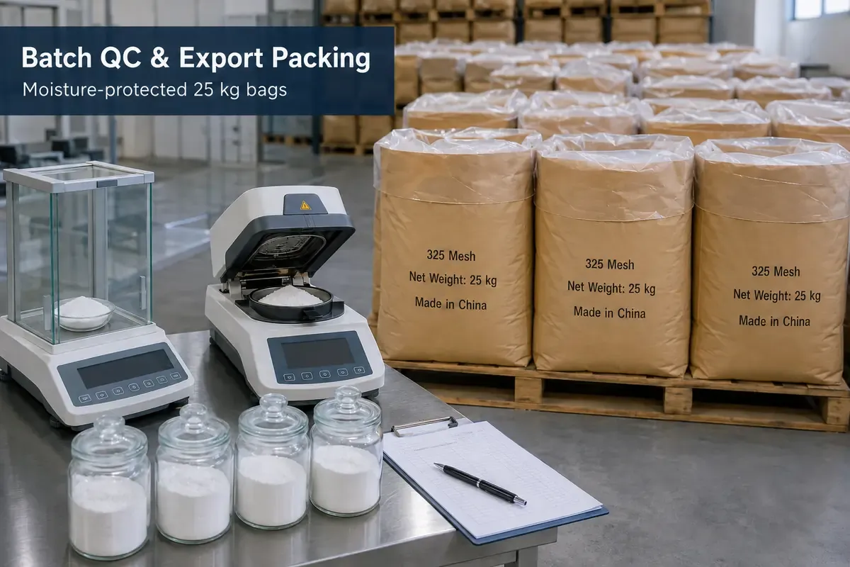 Batch quality control and moisture-protected 25 kg packing for crystalline silica powder