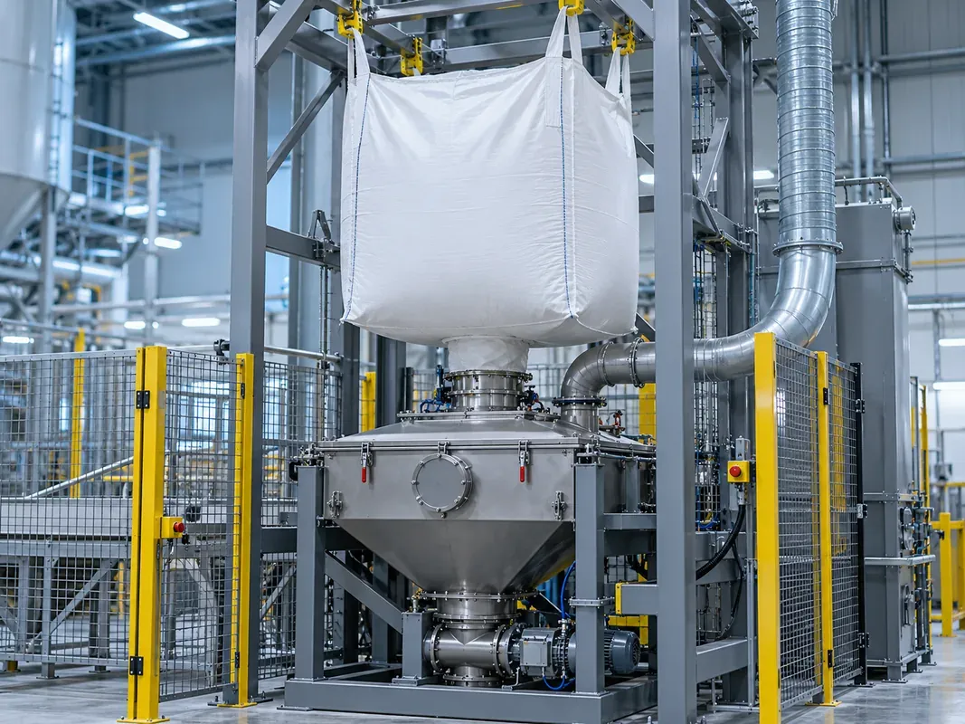 FIBC suspended over an enclosed industrial powder discharge hopper