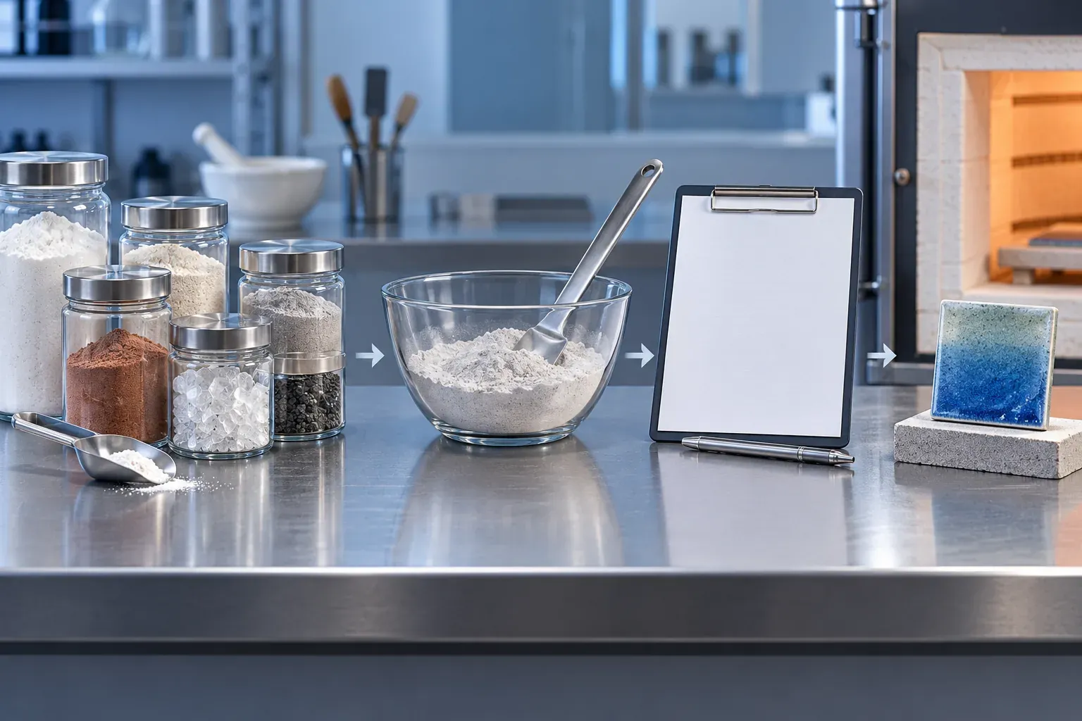 Sample containers and a blank batch record beside a laboratory mixing bowl, illustrating raw material documentation.
