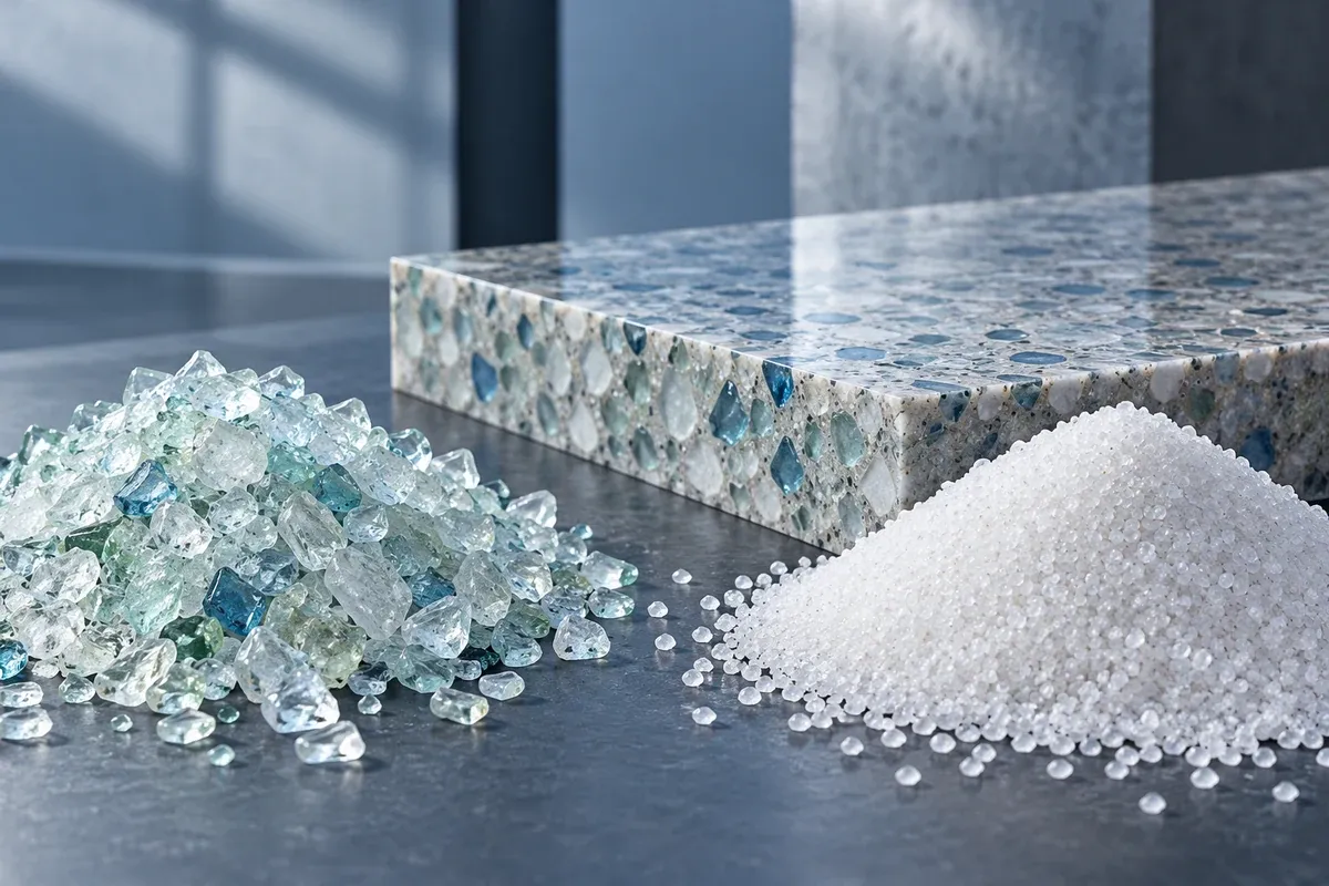 Fused glass granules and fused quartz sand beside a resin-bound slab cross-section; illustrative comparison