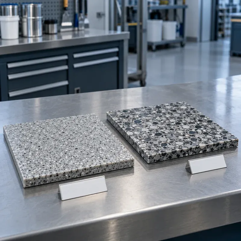 Two neutral cured resin flooring panels with different quartz textures