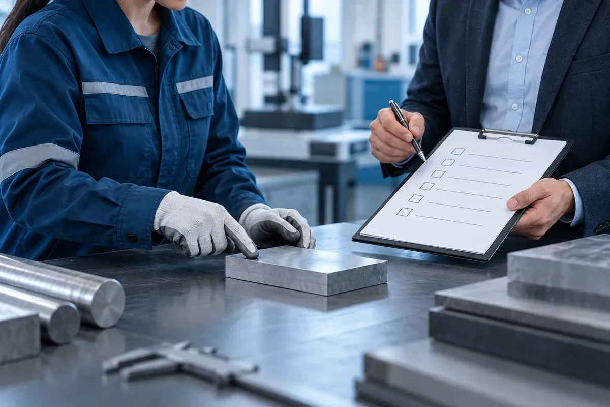 Materials technician and buyer reviewing a qualification checklist beside an engineered-stone slab coupon