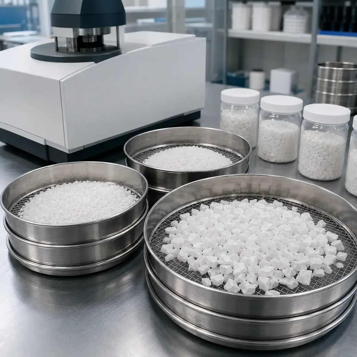 Cristobalite Sand CSE-200 particle size quality control in laboratory sieve trays