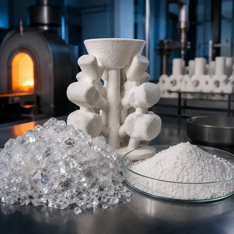 Investment casting fused silica granules and powder beside a ceramic shell in a precision foundry