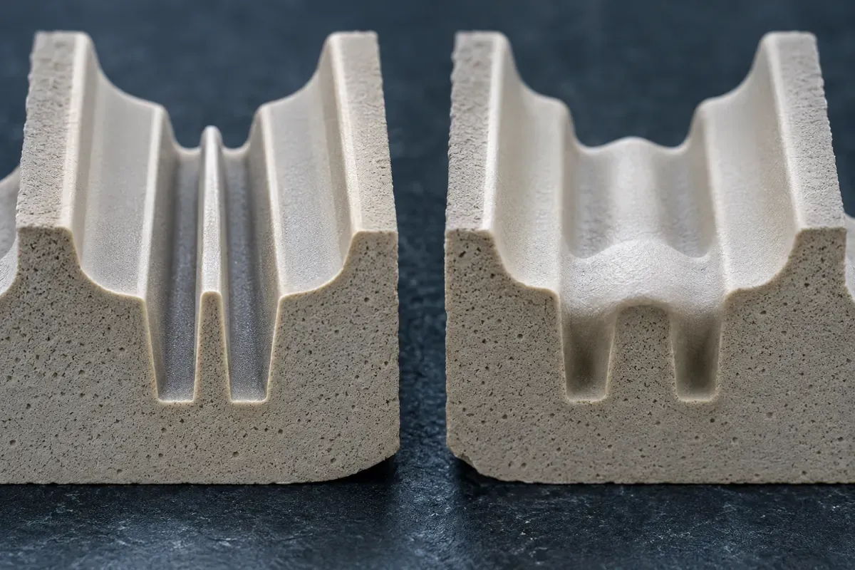 Side-by-side ceramic mold detail showing continuous wash coverage beside coating bridged across a narrow recess