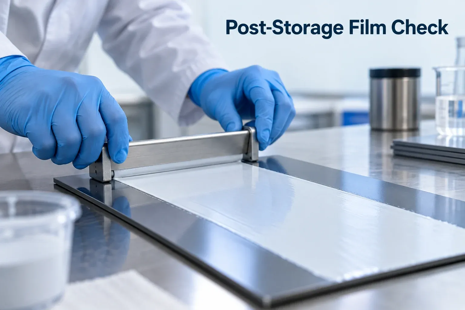 Gloved technician applying pale coating to a flat test panel