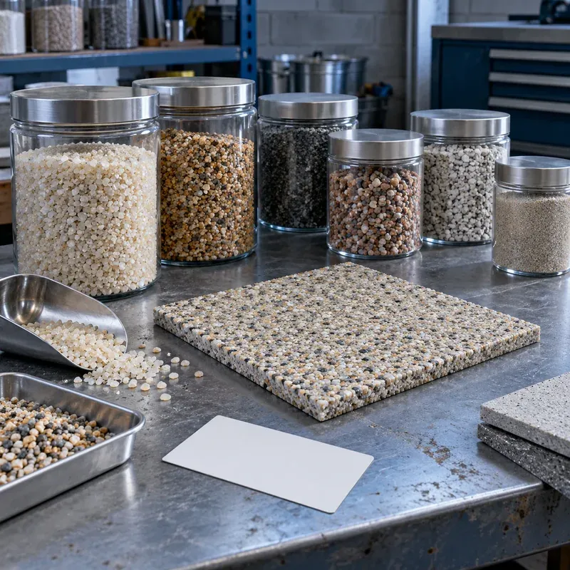Quartz sand samples and a neutral resin flooring panel at a shop bench