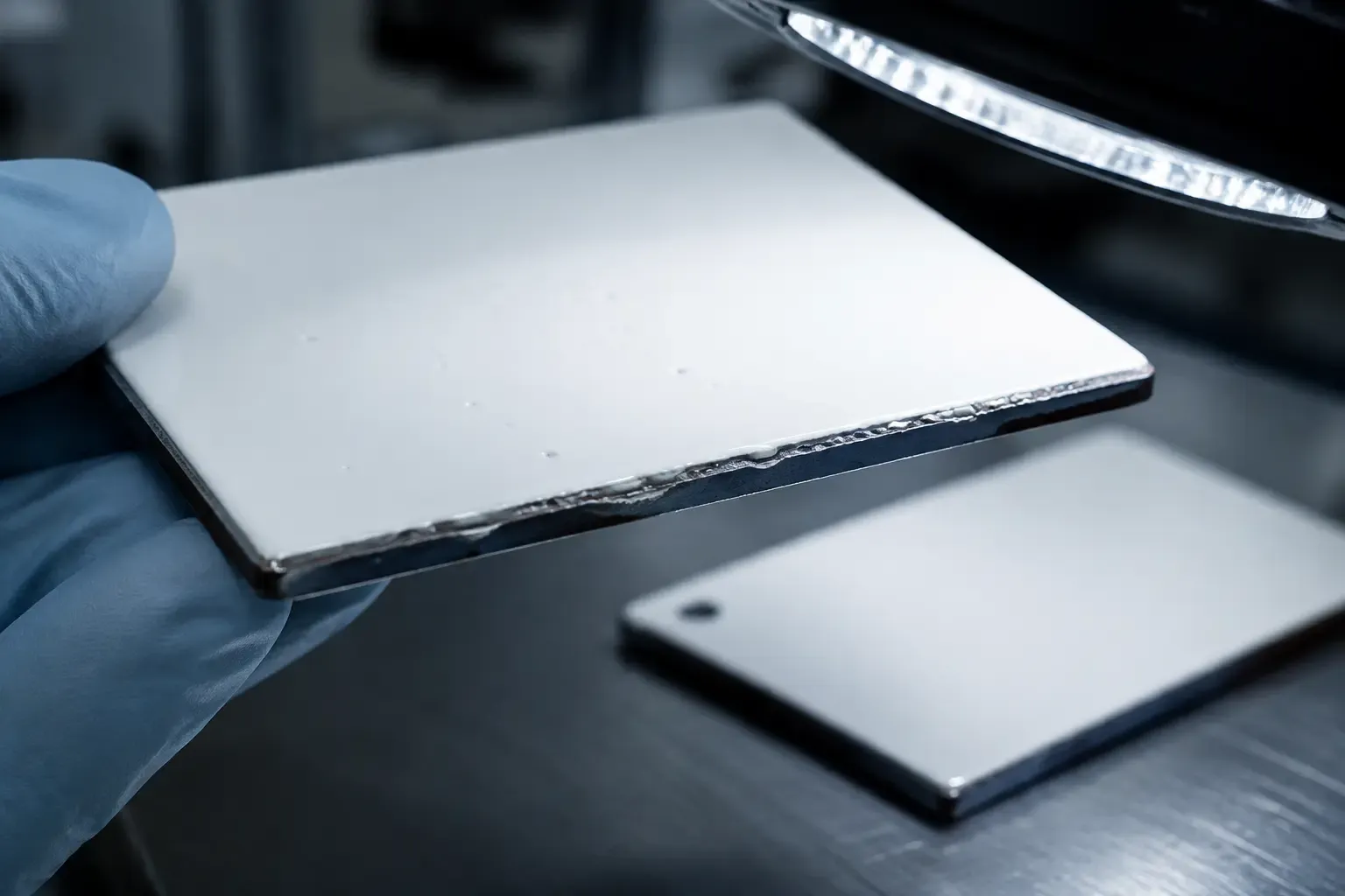Technical inspection of a fired enamel glaze panel for surface healing and adhesion