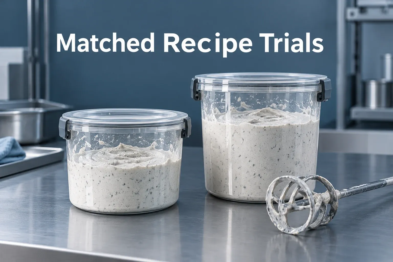 Lidded vessels containing pale mineral mixtures for recipe trial preparation