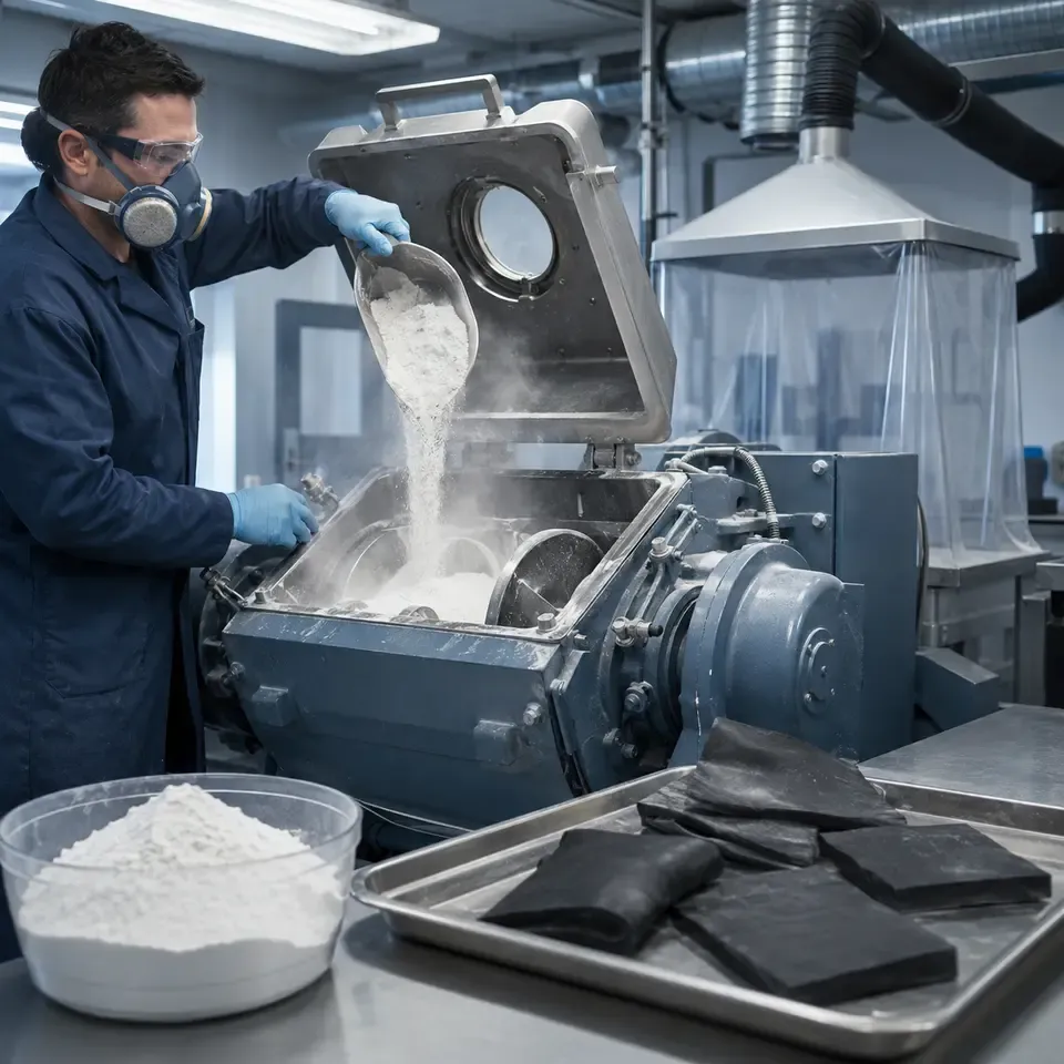 Silica powder addition and dispersion in a rubber compound mixing laboratory