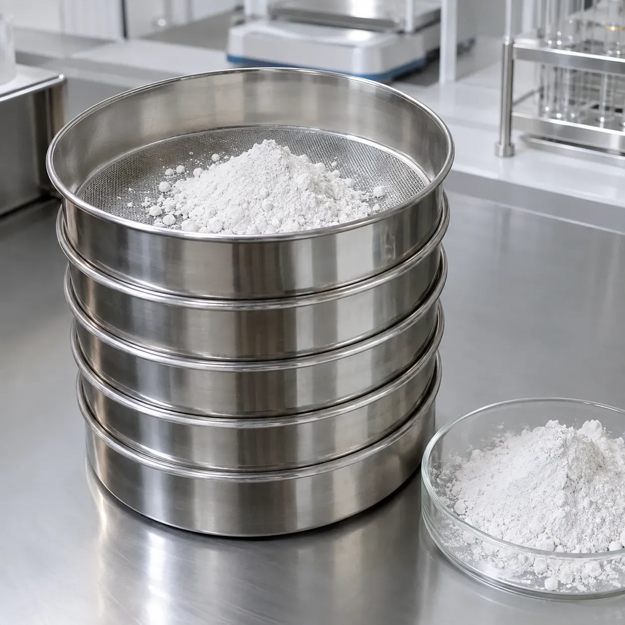 Stainless sieve analysis of high-whiteness cristobalite filler for engineered quartz slabs