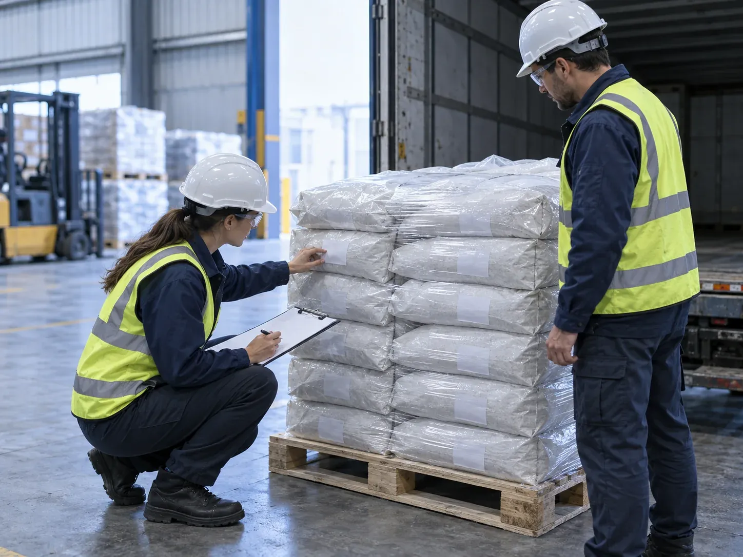 Receiving staff checking the condition and lot identity of an arriving powder pallet
