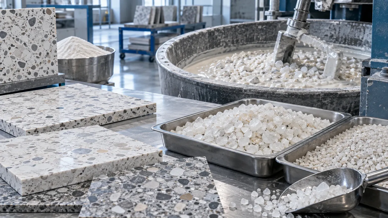 Quartz aggregate trial panel preparation for terrazzo and decorative stone