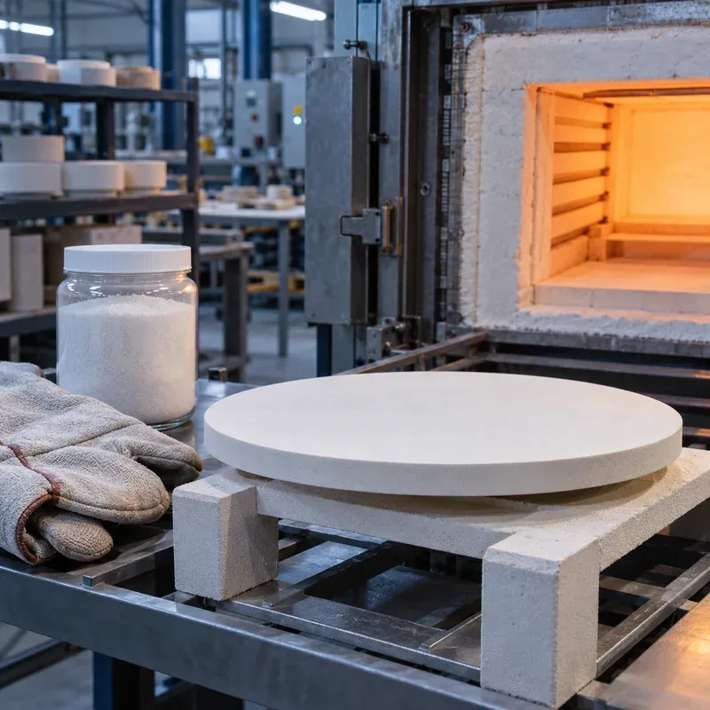 Ceramic kiln setter development scene with a closed fused silica sample