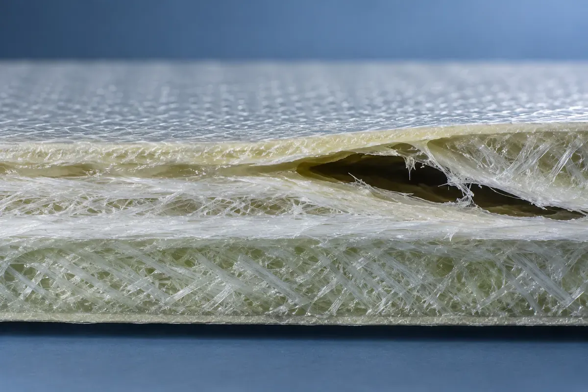 GFRP panel cut section showing localized separation between composite layers beside intact reinforcement