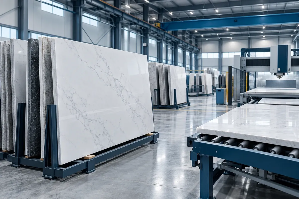 Finished engineered-stone slabs in an orderly production area; illustrative cost-per-accepted-area concept
