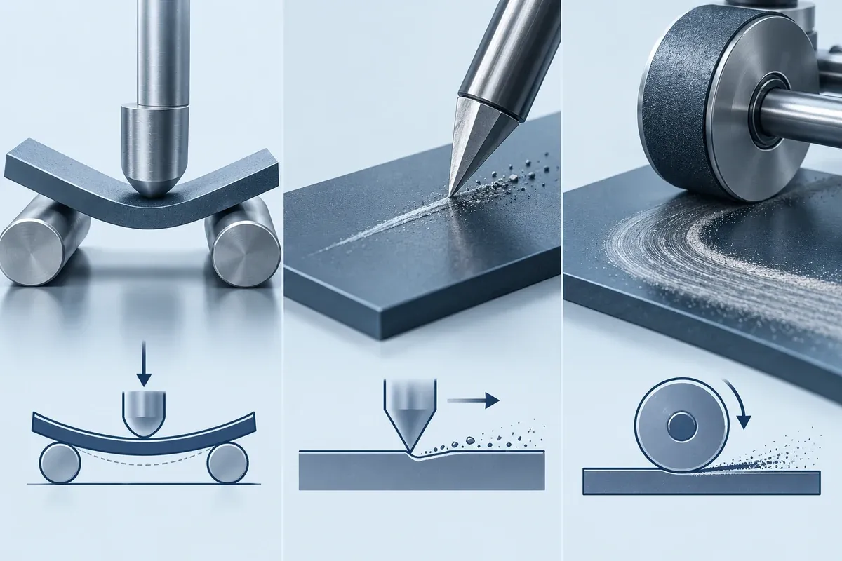 Illustrative comparison of bending, scratch and abrasion concepts for slab qualification