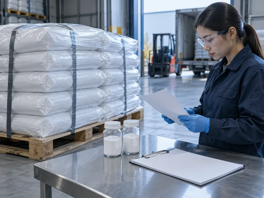 Technician observing a guarded pilot mixer with silica powder