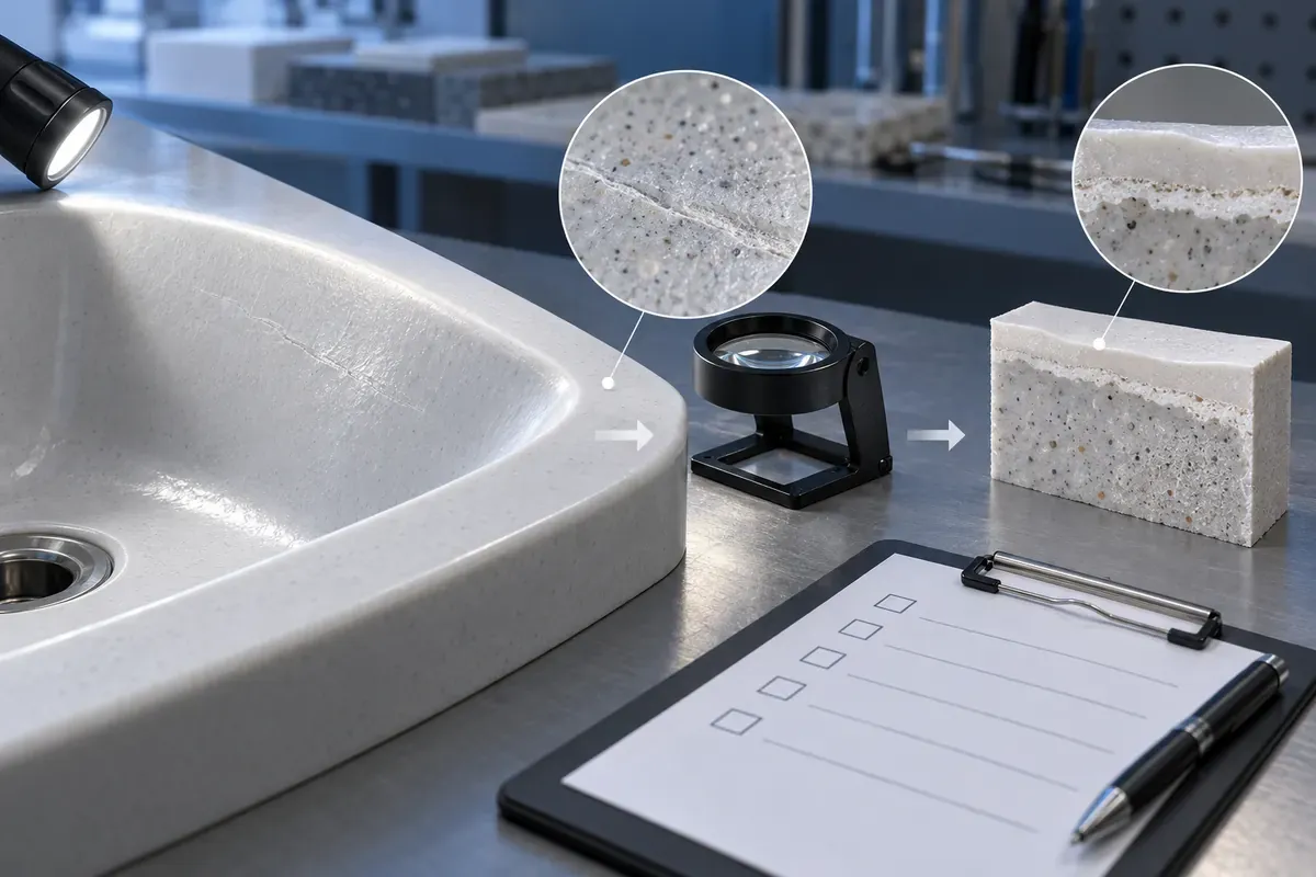 Sink surface under raking light beside a magnified section sample and inspection checklist