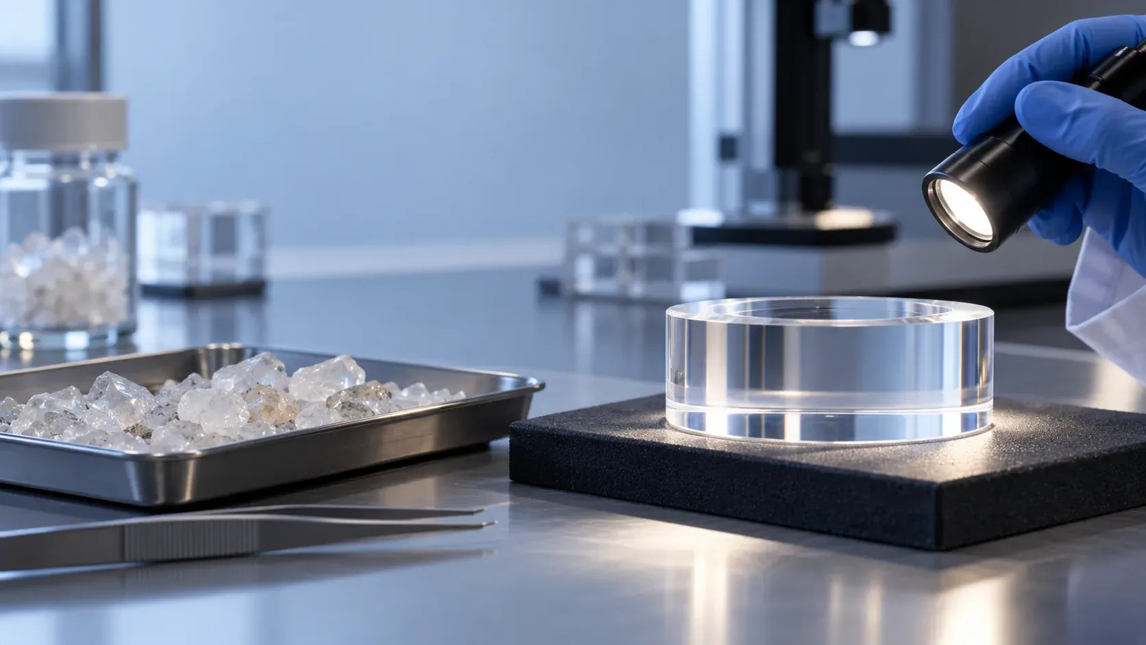 Quartz grains and a glass specimen in a controlled laboratory setting, illustrating a review of raw material and melt records.