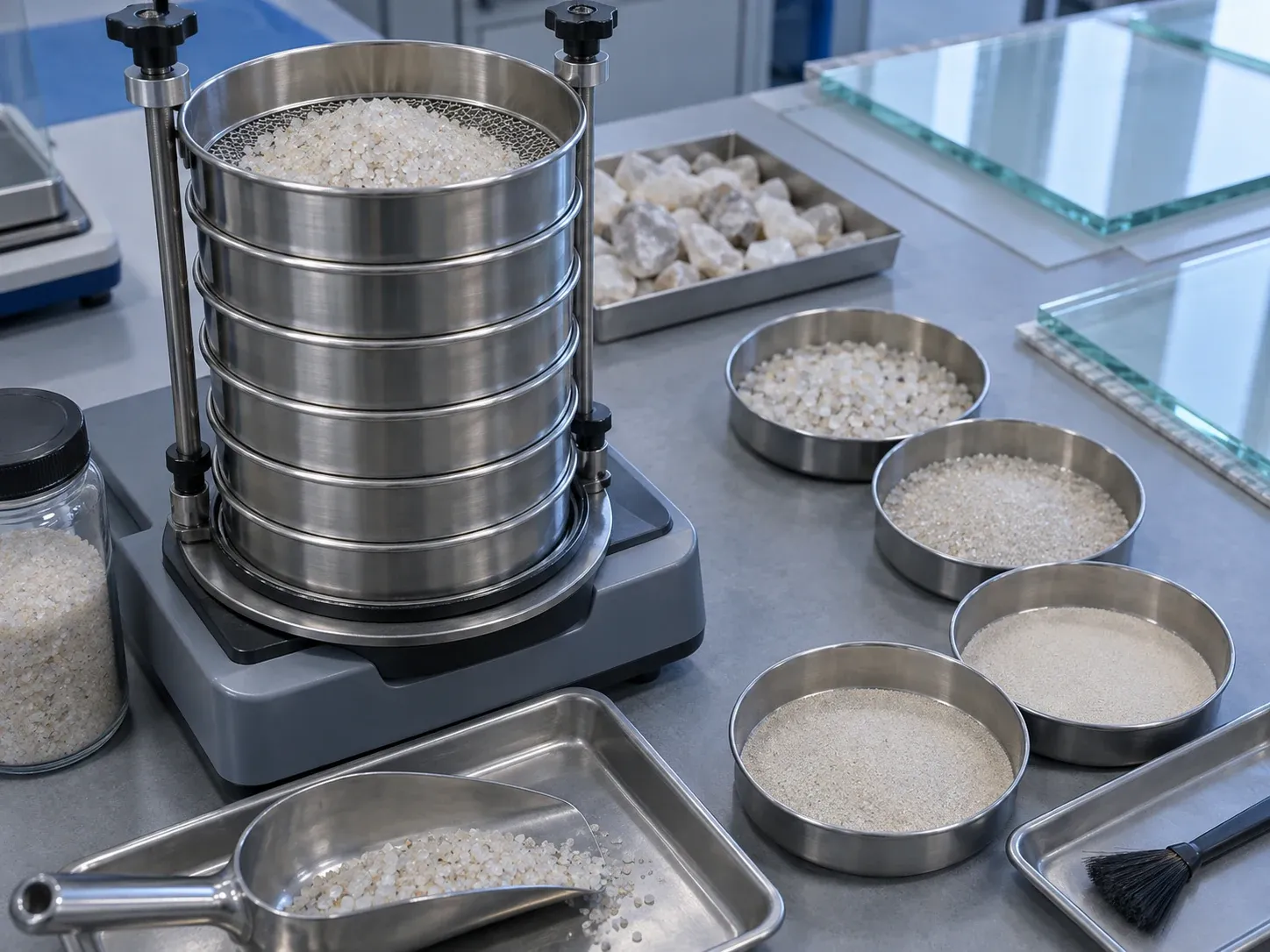 Sieve and particle-size review of quartz sand for solar glass batch control