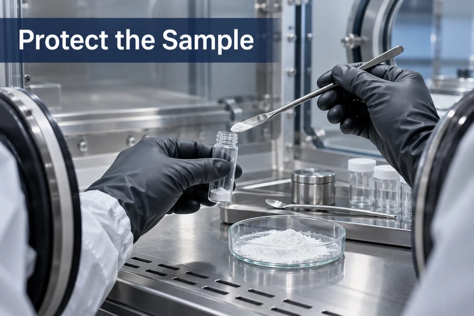 Protect the Sample Gloved hands transferring a powder sample into a vial in a dry enclosure