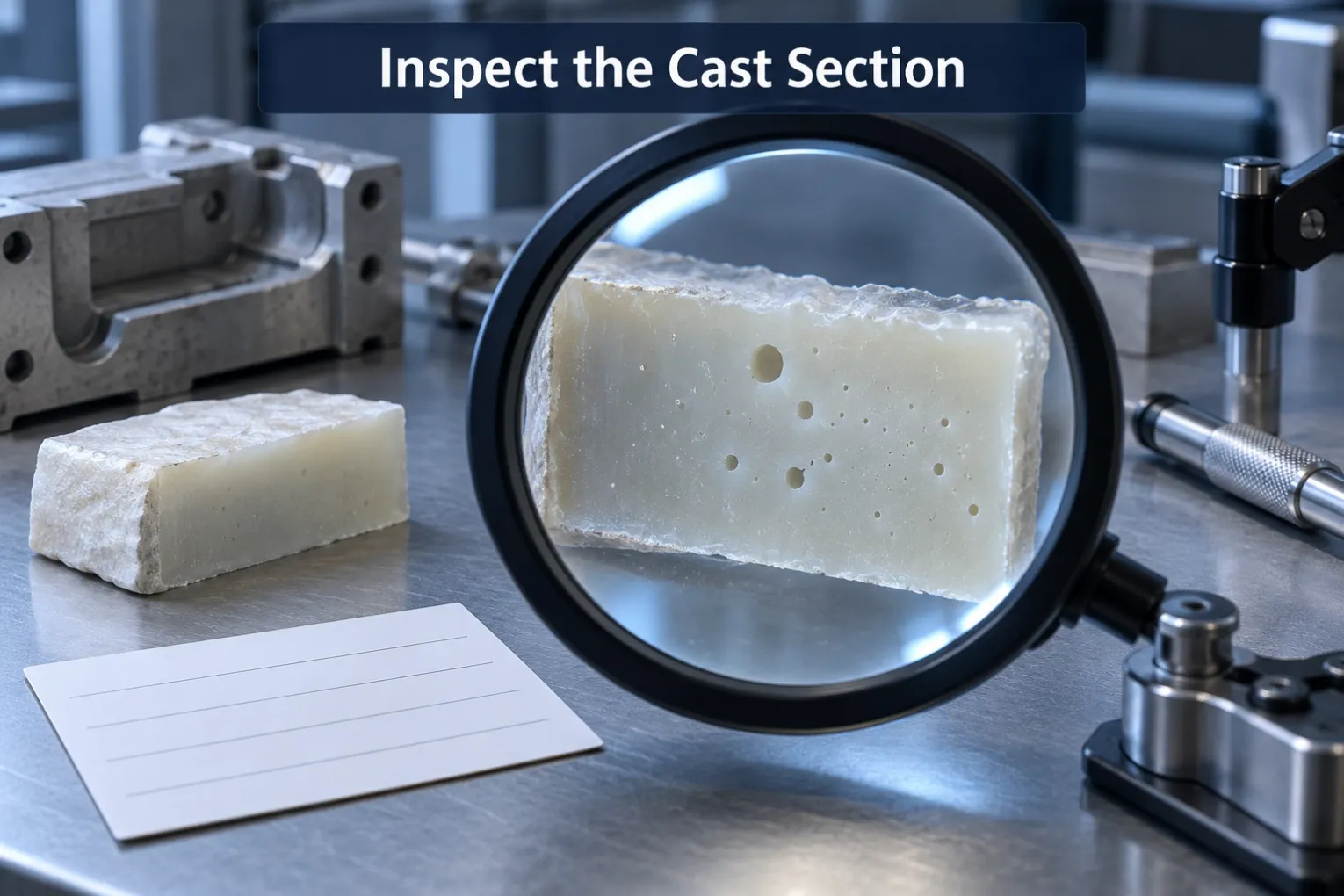 Inspect the Cast Section Cut resin coupon viewed through a magnifier for internal void inspection