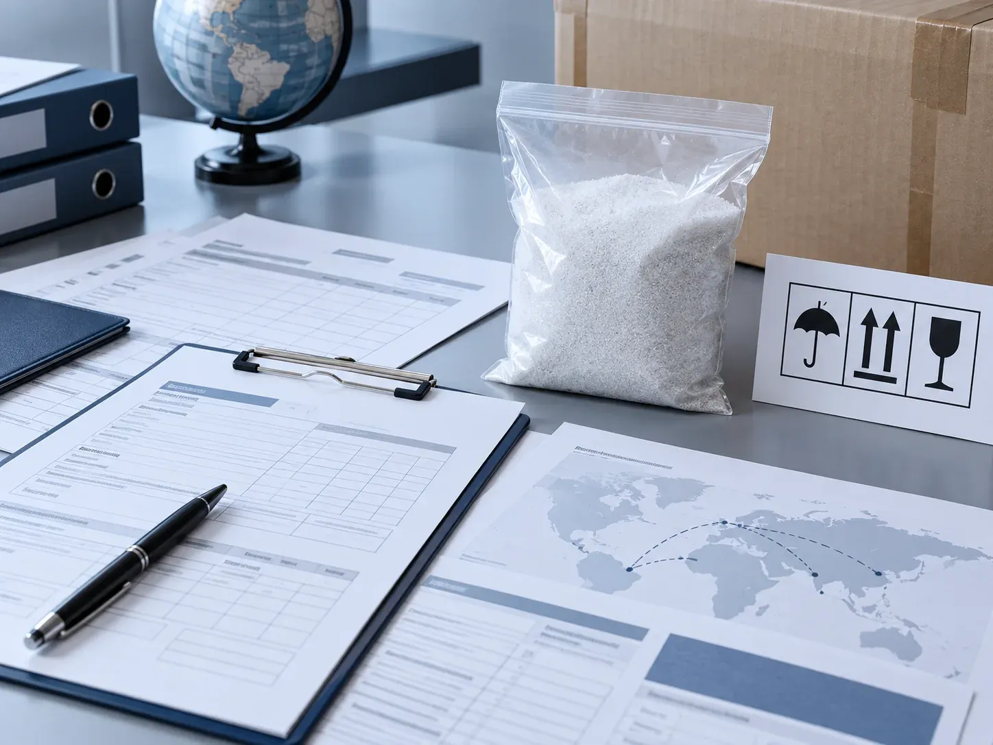 Silica powder sample bag beside export paperwork and a global shipping map