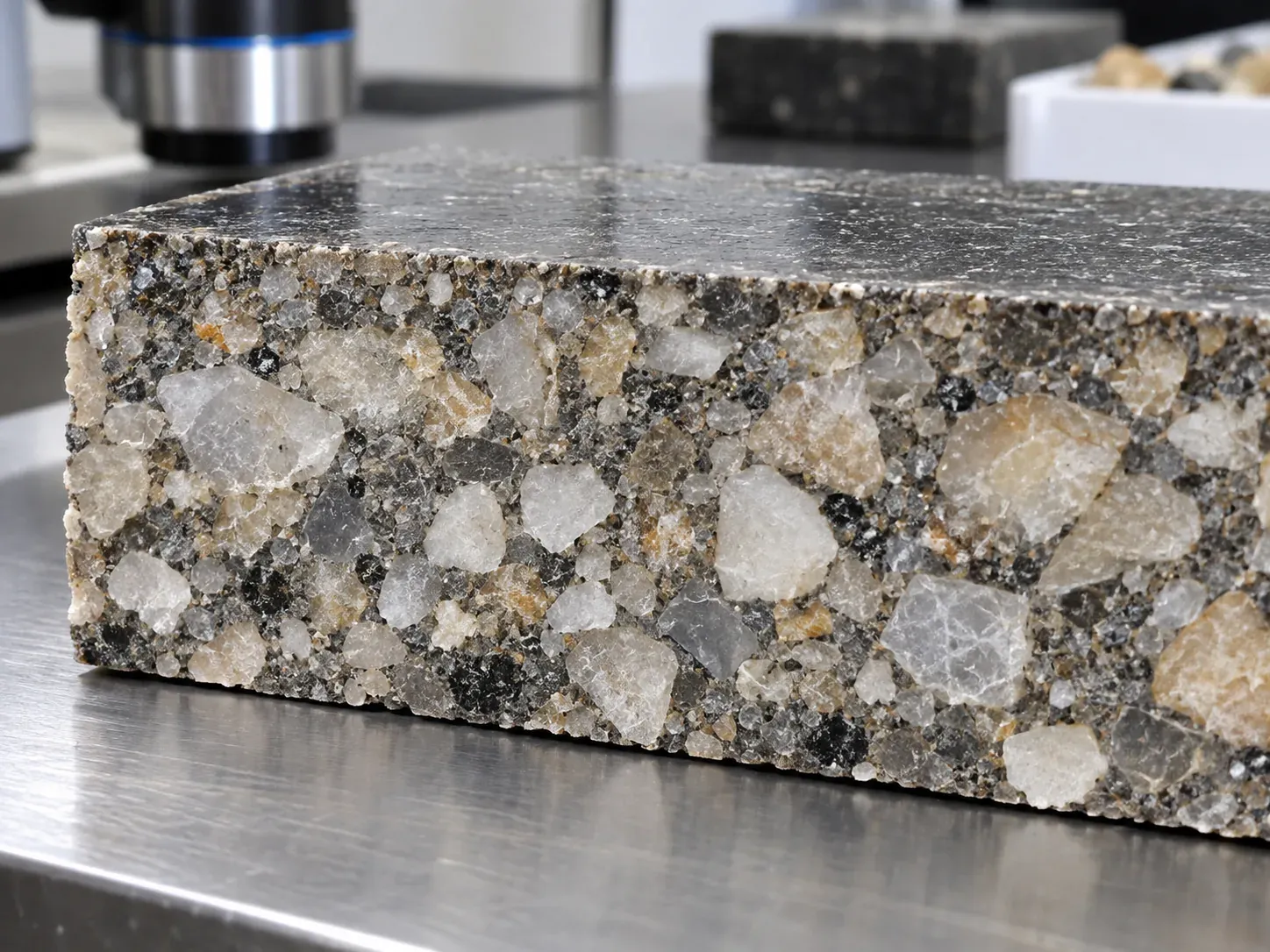 Cross-section inspection of polymer concrete containing graded quartz aggregate