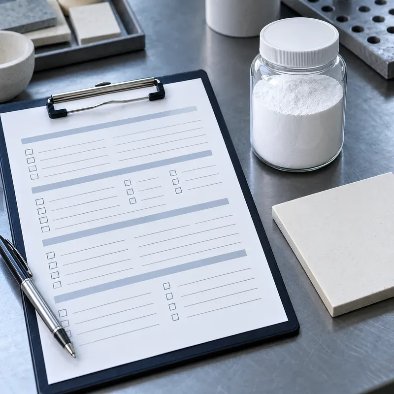Blank distributor customer-use worksheet beside a sealed silica sample