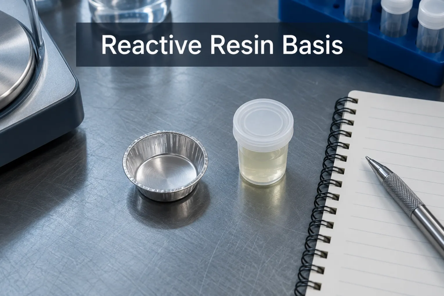 Reactive Resin Basis Aluminium calorimetry pan beside an epoxy sample and a blank formulation notebook