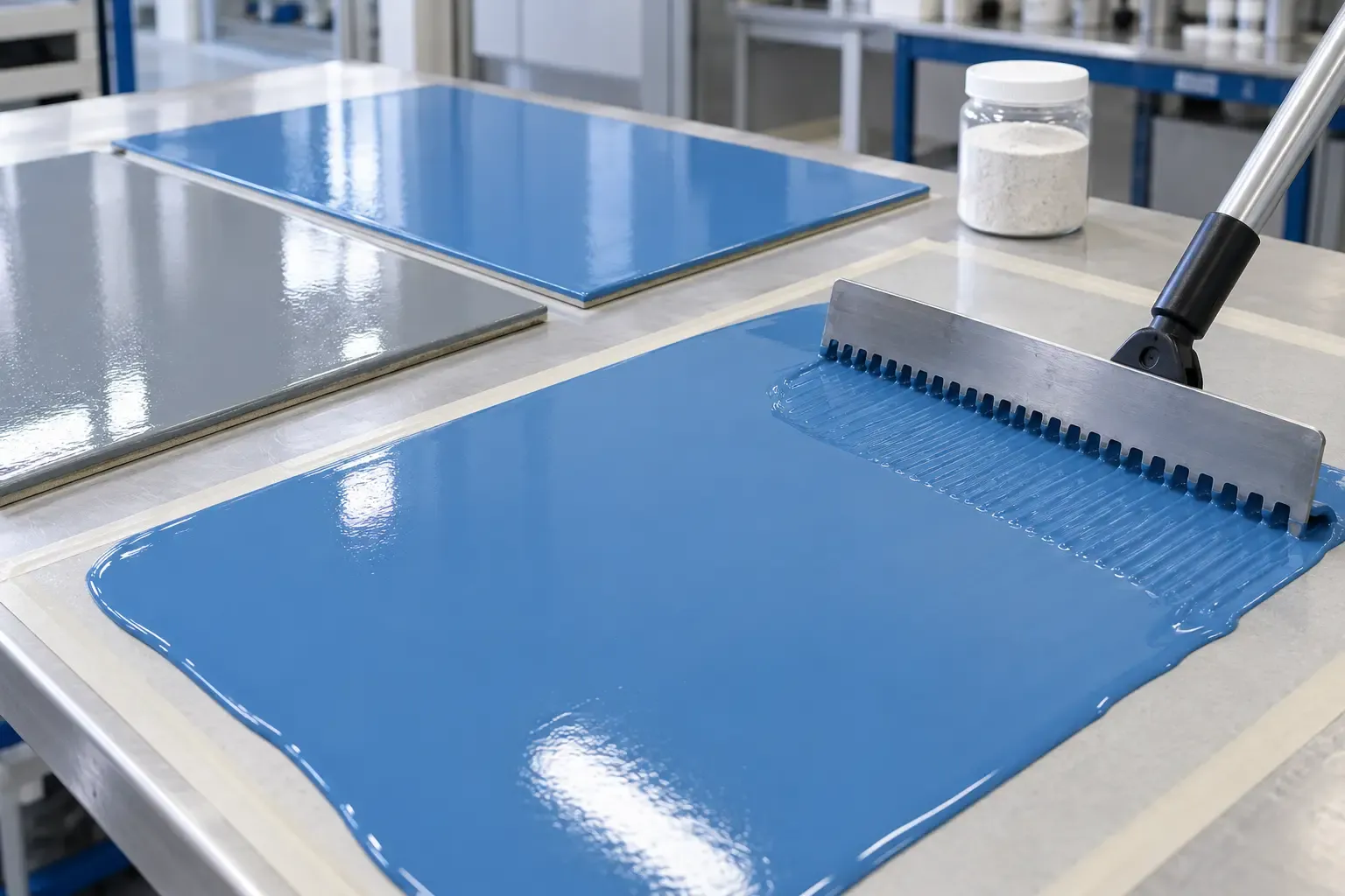 Self-leveling epoxy flooring drawdown trial with surface-treated quartz filler