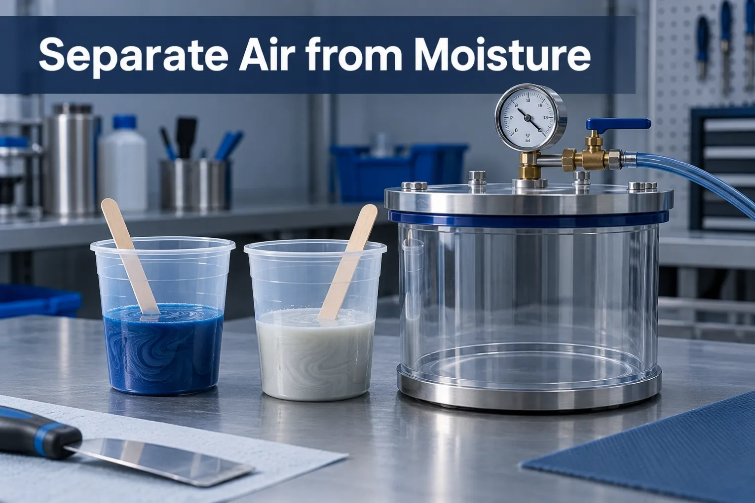 Separate Air from Moisture Polymer mixing cups and a vacuum chamber illustrating air-control checks