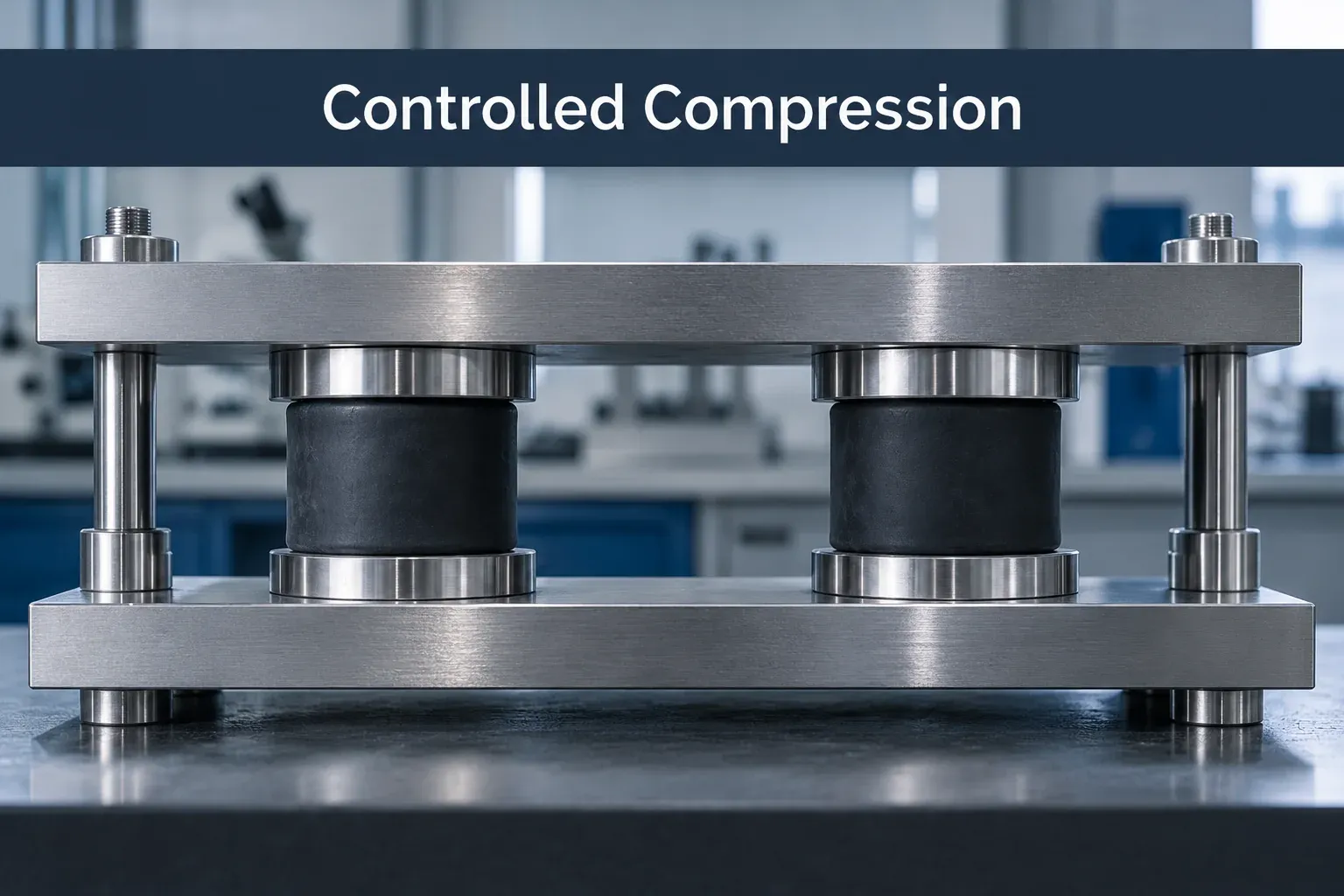 Controlled Compression Rubber cylinders and spacers between parallel compression plates