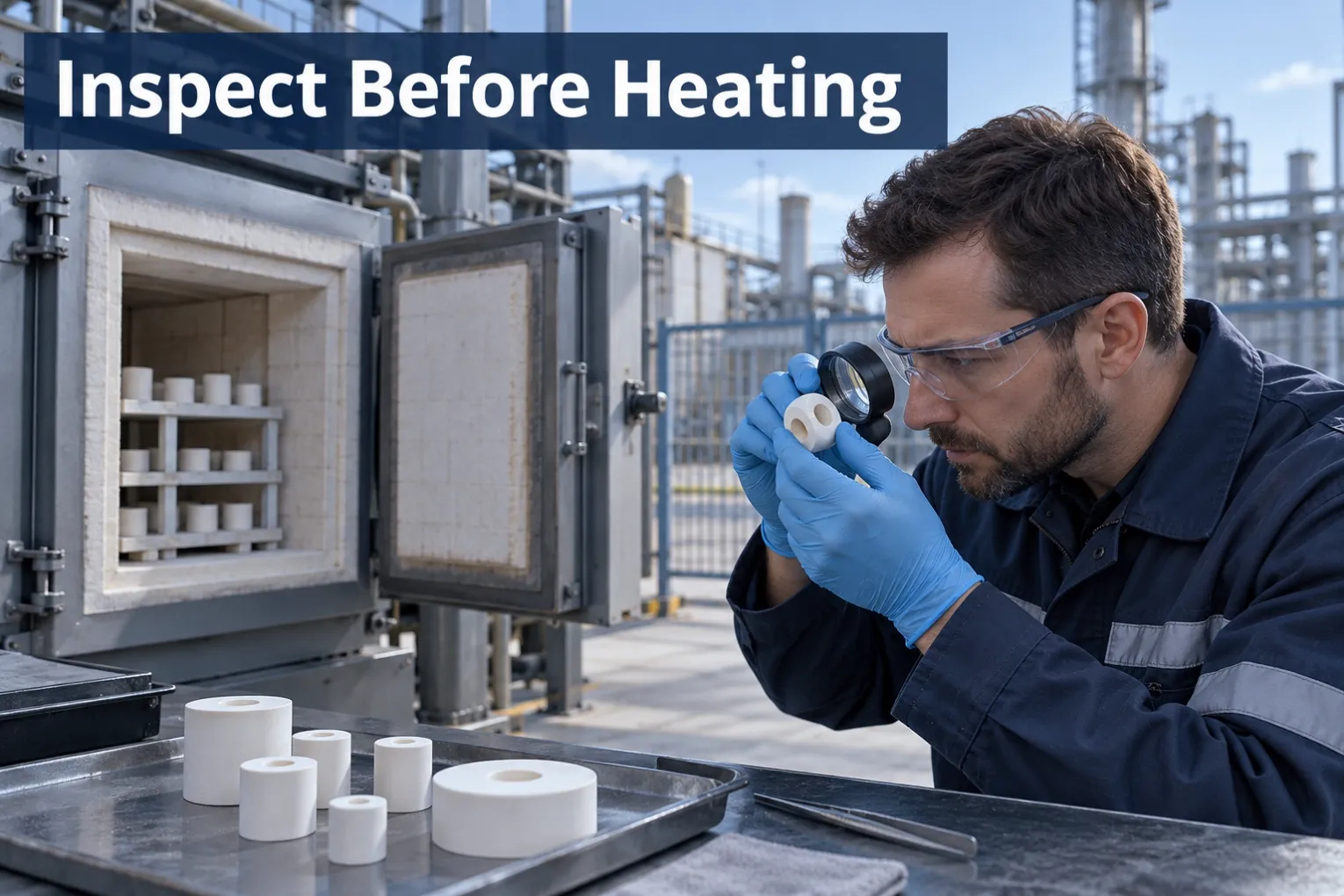 Inspect Before Heating Technician inspecting small ceramic shapes before heating