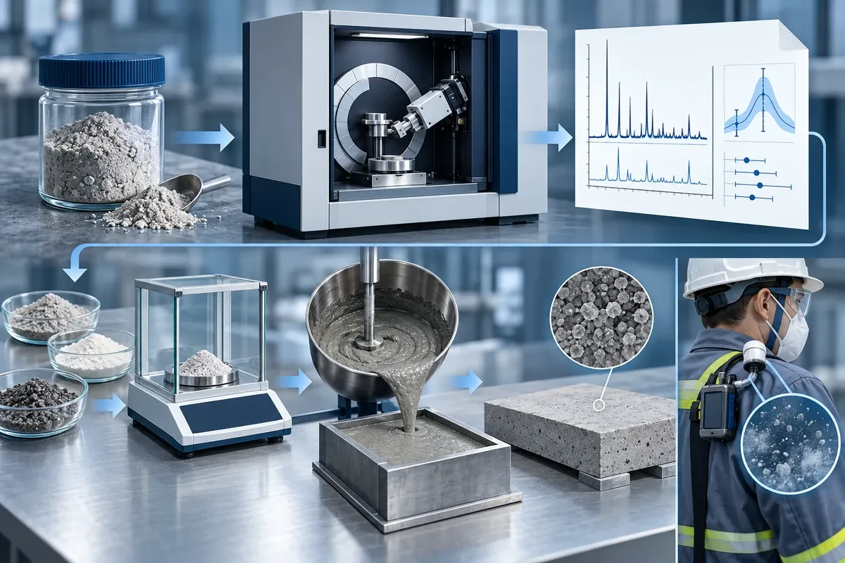Illustrative evidence chain from lot sampling and phase analysis to cured-slab verification and separate dust monitoring