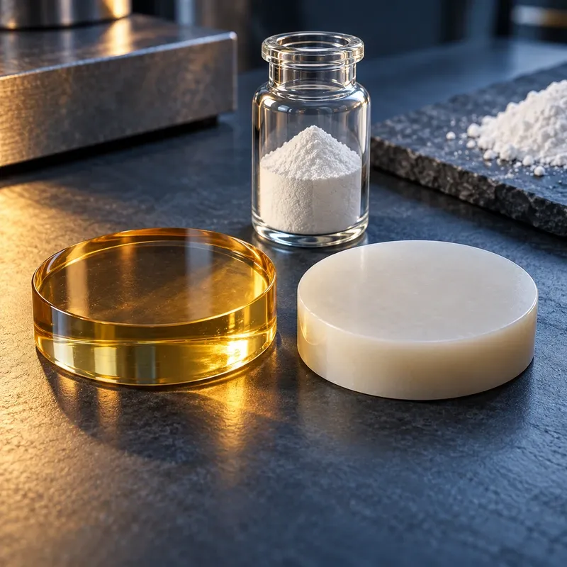 Conceptual clear amber and pale filled resin discs beside a white silica powder vial.