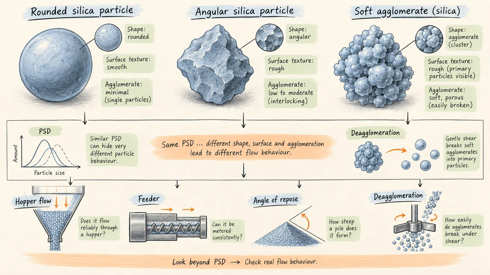 Silica particle morphology and powder flow comparison beyond PSD