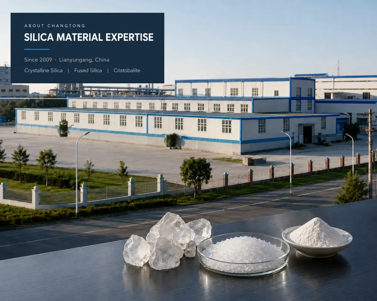 Changtong silica material manufacturing facility with quartz raw material, fused silica granules and silica powder