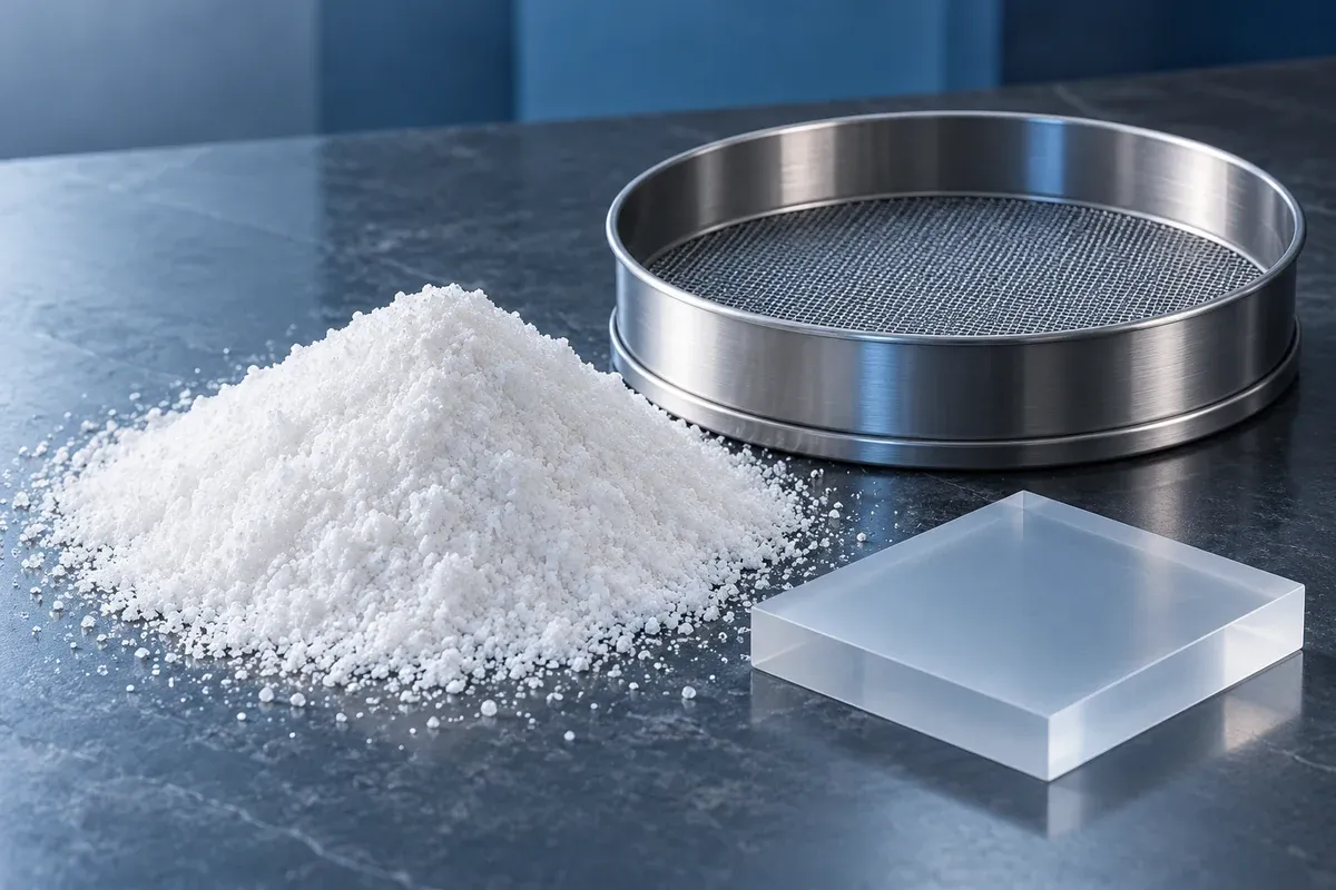Fine glass powder beside a precision sieve and resin slab coupon; illustrative 45 micrometre sieve-cut concept