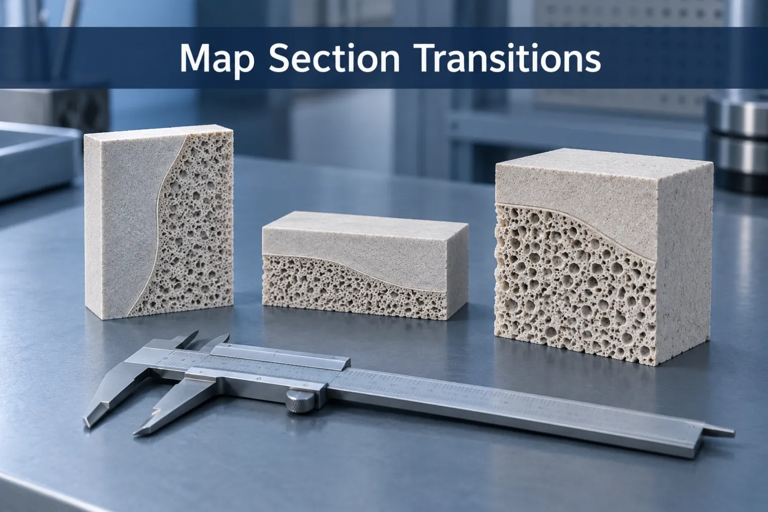 Map Section Transitions Ceramic sections of different thickness beside a caliper