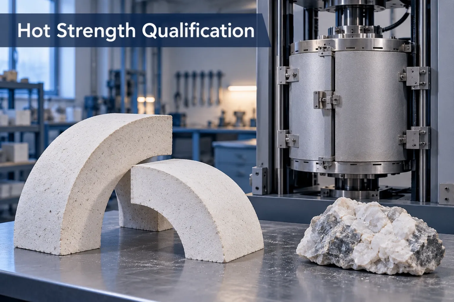 Refractory shapes and mineral sample beside test equipment
