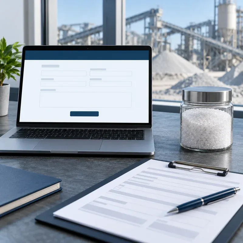 Blank industrial silica buyer inquiry form beside a closed sample jar