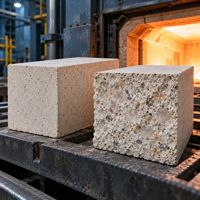 Conceptual silica refractory blocks with a visible aggregate section beside a glowing industrial furnace.